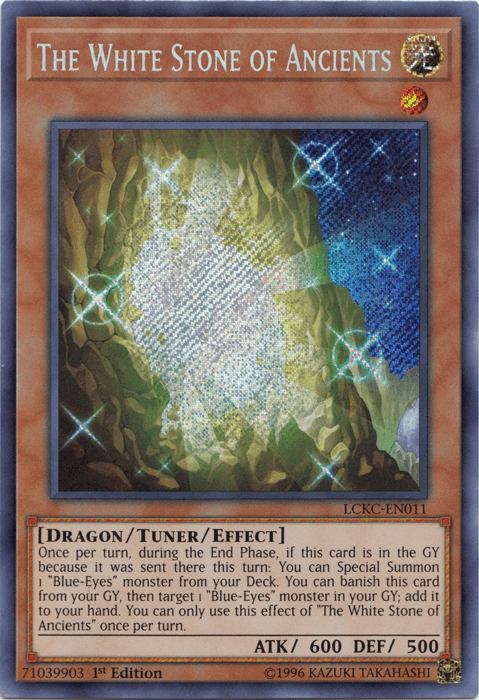 The White Stone of Ancients [LCKC-EN011] Secret Rare" Yu-Gi-Oh! card, part of the Legendary Collection Kaiba, depicts a mystical, glowing crystal in a forest. This Dragon/Tuner/Effect monster with 600 ATK and 500 DEF allows for summoning "Blue-Eyes" monsters from the Deck or Graveyard, specifically naming "Blue-Eyes" cards.