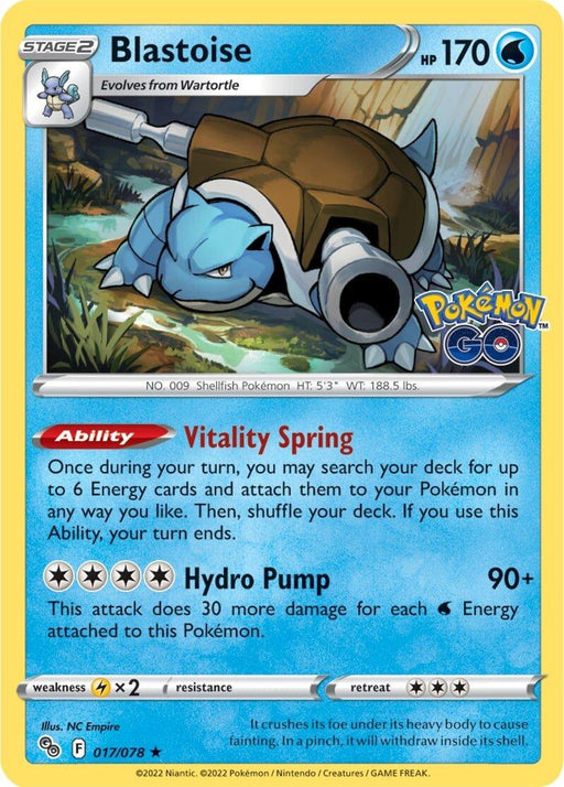 A Pokémon card featuring Blastoise (017/078) [Pokémon GO] with 170 HP from the Pokémon GO series by Pokémon. This Holo Rare card showcases Blastoise with water cannons extended, ready for battle. Its abilities include "Vitality Spring" and "Hydro Pump." The card includes various stats, weakness, and artist information.