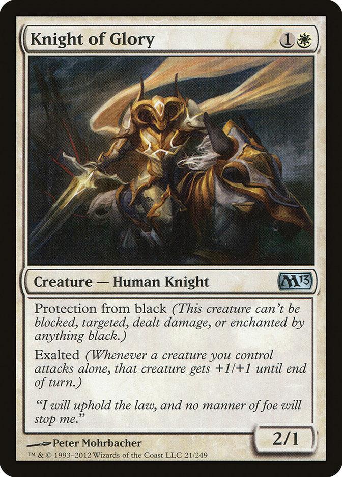 The "Knight of Glory" card from Magic: The Gathering's Magic 2013 set highlights a Human Knight in radiant armor on horseback with a lance. It costs 1 white and 1 generic mana, features 2/1 power/toughness, has protection from black, an Exalted ability, and the M13 set symbol.