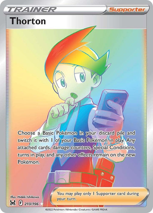 A Pokémon card featuring Thorton, a character with green and orange hair, wearing a blue jacket and glasses. This Supporter type Trainer card from Sword & Shield: Lost Origin boasts Thorton's ability to switch a Basic Pokémon from the discard pile with another in play, transferring all cards and effects to the new Pokémon. The card is Secret Rare number 210/196.

**Product Name:** Thorton (210/196) [Sword & Shield: Lost Origin]
**Brand Name:** Pokémon