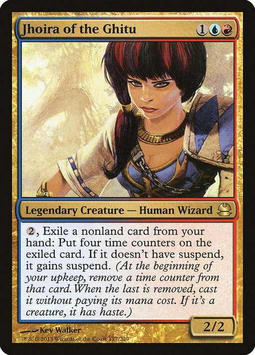 A Magic: The Gathering card featuring Jhoira of the Ghitu [Modern Masters], a Legendary Creature with the Human Wizard subtype. It costs 1 blue mana and 2 colorless mana, showcasing abilities related to suspend. The artwork depicts a woman with short red hair in warrior garb.