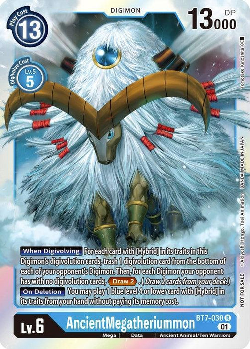 An intricate Digimon card showcases AncientMegatheriummon [BT7-030] (Event Pack 3) [Next Adventure Promos] with a 13 Digivolution cost, a level of 6, and 13,000 DP. The hybrid creature, covered in white fur with blue and red accents, stands majestically holding a staff. The card details its abilities when it digivolves and upon deletion.