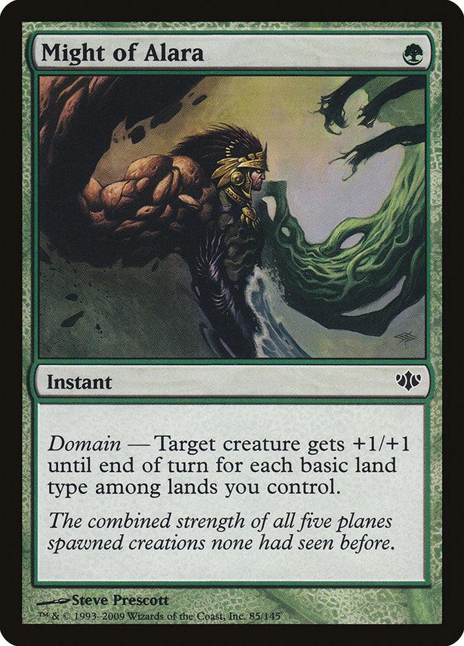 The Magic: The Gathering card named "Might of Alara [Conflux]" is an Instant spell with a green border. Its artwork depicts a muscular warrior in battle surrounded by swirling, magical green energy. The card's text reads: "Domain — Target creature gets +1/+1 until end of turn for each basic land type among lands you control.