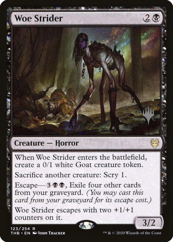 A Magic: The Gathering card titled "Woe Strider" from the Theros Beyond Death Promos showcases a Creature — Horror with elongated limbs and a skeletal appearance, set in a dark, mystical forest. This card costs 2B and has power/toughness of 3/2. It comes with abilities such as creating a Goat token, sacrificing creatures to Scry 1, and an Escape cost of 3BB.