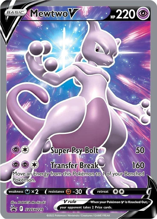 A Pokémon trading card featuring Mewtwo V (SWSH229) [Sword & Shield: Black Star Promos] from the Pokémon. Mewtwo, a psychic, purple, humanoid Pokémon with a long tail, is set against a vibrant, cosmic background. The Sword & Shield card displays stats: 220 HP, Super Psy Bolt (50 damage), Transfer Break (160 damage). The bottom text includes card rules and design details.