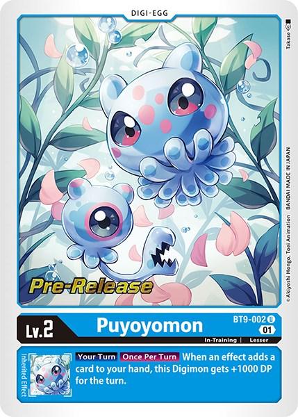 The Digimon card, Puyoyomon [BT9-002] from the X Record Pre-Release Promos, showcases a digital trading card with two round blue creatures with large eyes, small limbs, and spots floating in water amid bubbles and seaweed. The card features 