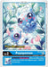 The Digimon card, Puyoyomon [BT9-002] from the X Record Pre-Release Promos, showcases a digital trading card with two round blue creatures with large eyes, small limbs, and spots floating in water amid bubbles and seaweed. The card features "Pre-Release," "Lv.2," and "+1000 DP" along with an effect description at the bottom.