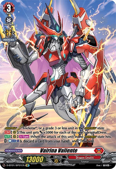 The Vairina Valiente (D-BT01/SP01EN) [Genesis of the Five Greats] trading card by Bushiroad features a mecha-like character adorned in striking red, white, and silver armor with golden accents, wielding a massive glaive. The character is surrounded by dynamic lightning and energy effects. This card is part of the Dragon Empire set from the Genesis of the Five Greats series and includes various icons, stats, and text detailing its abilities.