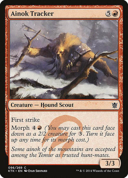 Ainok Tracker [Khans of Tarkir] Magic: The Gathering card displays a fierce dog scout on rugged mountains. With a casting cost of 5 colorless mana and 1 red mana, it boasts the 'First strike' ability and 'Morph 4R (4 colorless and 1 red mana)'. This 3/3 creature is part of the Khans of Tarkir set.