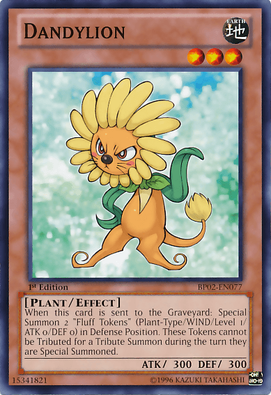 Image of the Yu-Gi-Oh! trading card "Dandylion [BP02-EN077] Mosaic Rare". The card depicts a lion with a mane resembling a large yellow dandelion. It has a playful yet determined expression. This Effect Monster has 300 ATK and 300 DEF, with an ability to Special Summon "Fluff Tokens" when sent to the Graveyard.