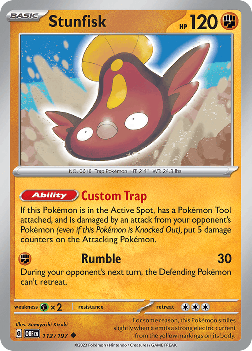 A Pokémon trading card featuring Stunfisk (112/197) [Scarlet & Violet: Obsidian Flames] from the Pokémon series. It has 120 HP and is identified as the Trap Pokémon. The card includes an ability named "Custom Trap" and a fighting move called "Rumble" which deals 30 damage. Stunfisk is illustrated with a brown, flat fish-like appearance with yellow fins and lips.