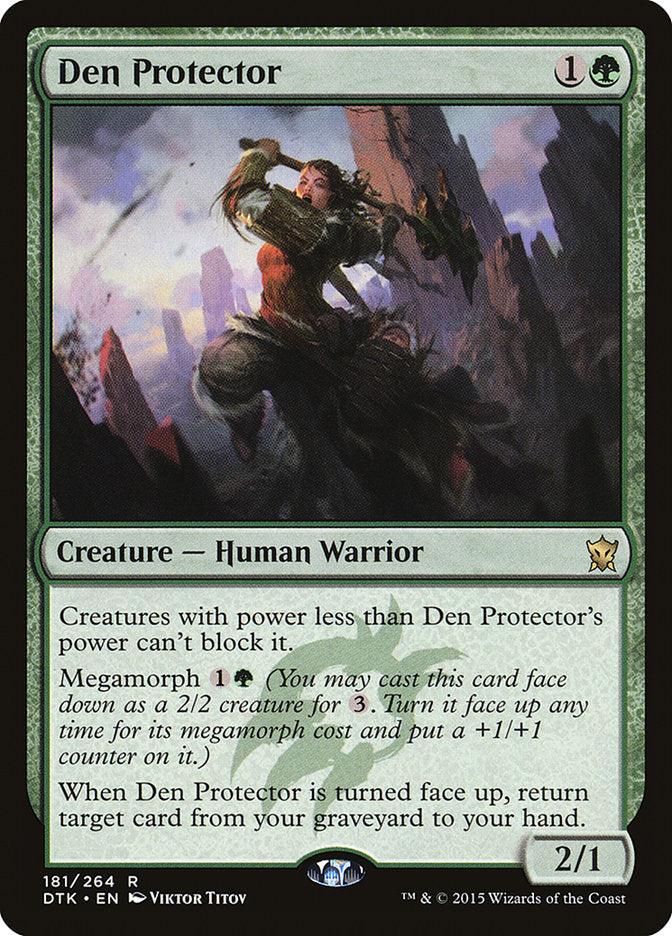 Den Protector [Dragons of Tarkir] is a Magic: The Gathering card that costs one green and one generic mana. Featuring artwork by Viktor Titov, it depicts a Human Warrior in action. With abilities detailed in the text, the card boasts a power/toughness of 2/1 and is numbered 181/264.
