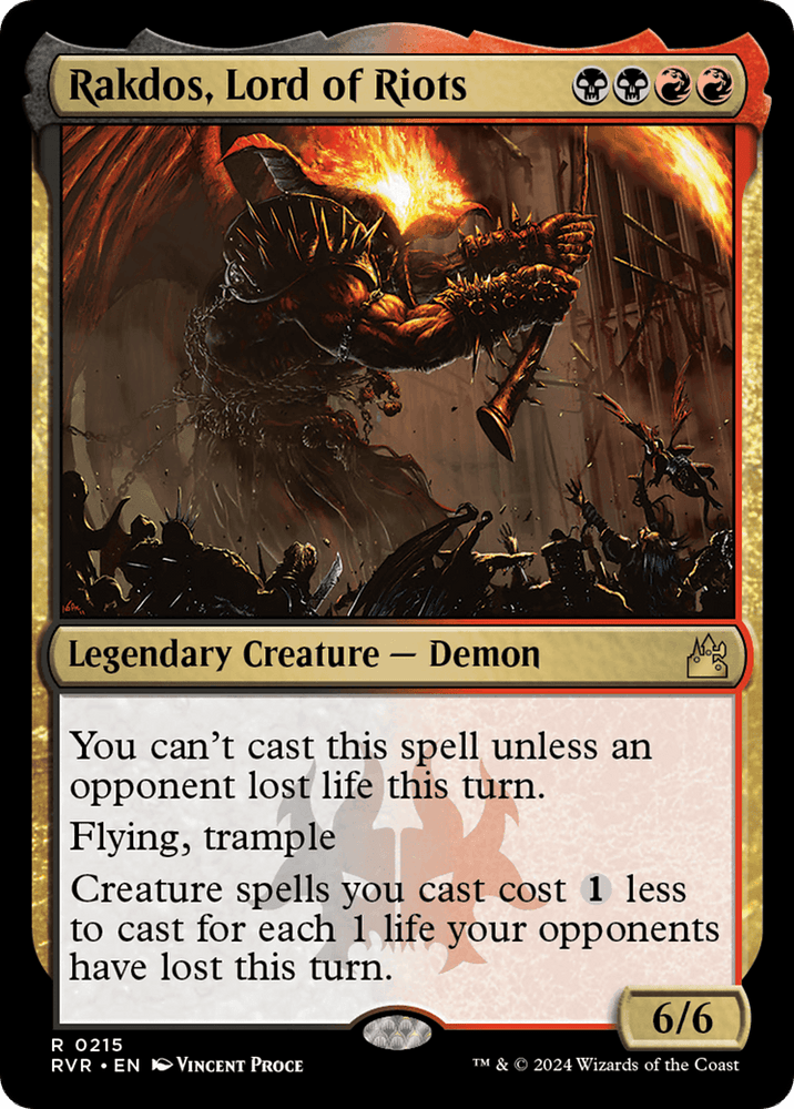 Magic: The Gathering card featuring “Rakdos, Lord of Riots [Ravnica Remastered].” This mythic, legendary creature from Magic: The Gathering depicts a fiery demon wielding a sword amidst chaos. Text box details casting restrictions: opponent must have lost life this turn. Abilities: flying, trample, and reducing creature spell costs. The card's power and toughness are 6/6.