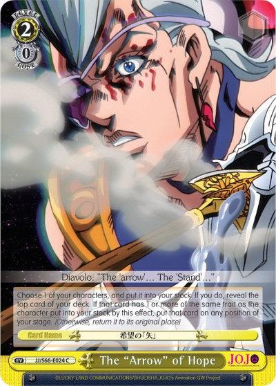An anime-style trading card from a trading card game featuring a distressed character with silver hair and a scarred face, holding his eye with anguish. The card's title, "The ‘Arrow’ of Hope (JJ/S66-E024 C) [JoJo's Bizarre Adventure: Golden Wind]," is at the bottom with game instructions above. The border is adorned with yellow, white, and blue accents. This product is by Bushiroad.