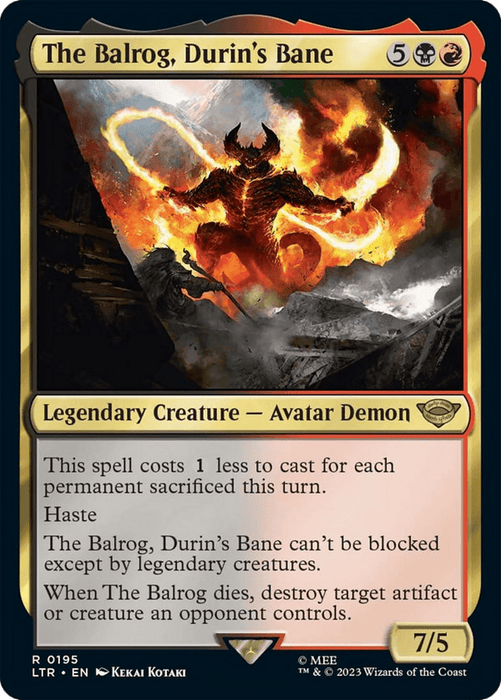 A Magic: The Gathering card titled "The Balrog, Durin’s Bane [The Lord of the Rings: Tales of Middle-Earth]." It has a black and red color scheme with a 5B R mana cost. The card’s illustration shows a fiery demon with outspread arms. This 7/5 Legendary Creature - Avatar Demon, from Tales of Middle-Earth, boasts cost reduction, haste, special blocking, and a death trigger.