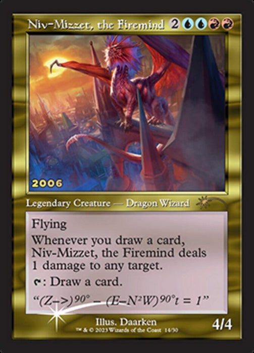 A "Magic: The Gathering" trading card titled "Niv-Mizzet, the Firemind [30th Anniversary Promos]" from the 30th Anniversary Promos. The card is bordered in gold and features a Dragon Wizard with wings and a long tail perched amidst fiery elements. Its text details flying ability and damage effect when drawing a card.