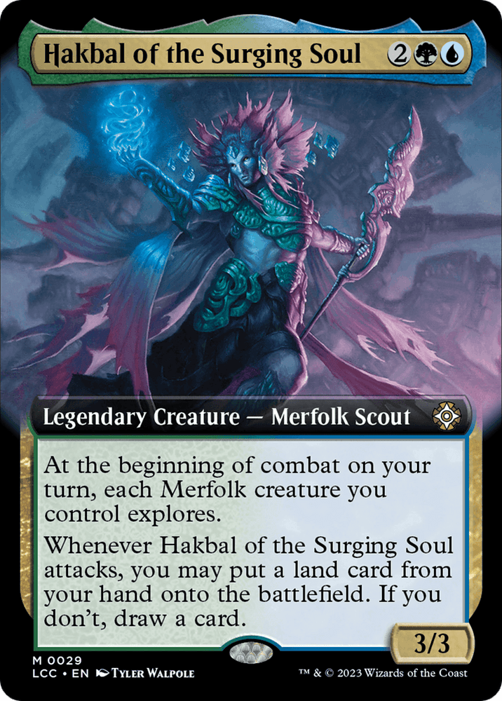 A "Magic: The Gathering" card titled "Hakbal of the Surging Soul (Extended Art) [The Lost Caverns of Ixalan Commander]." This mythic, legendary creature Merfolk Scout has a mana cost of 2 generic, 1 green, and 1 blue. With 3 power and 3 toughness, Hakbal brandishes a spear emitting a vibrant, mystical aura—perfect for leading your commander deck.