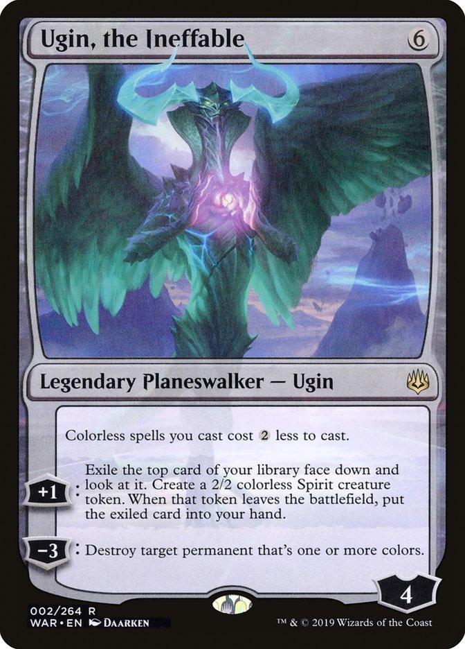 A Magic: The Gathering card titled "Ugin, the Ineffable [War of the Spark]," a Legendary Planeswalker from Magic: The Gathering. This card features a spectral dragon-like figure with large wings and green glowing eyes. Ugin's upper body is made of swirling, ethereal substance, and it boasts three abilities and a loyalty of 4.