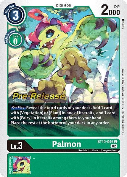 The Digimon card "Palmon [BT10-046] [Xros Encounter Pre-Release Cards]" showcases Palmon, a plant-like creature with a leafy body and a colorful flower on its head. It has a blue and green border and prominently features the text "Xros Encounter Pre-Release" in the middle. The card has a play cost of 3, level 3, 2000 DP, and no Digi-Egg requirement.