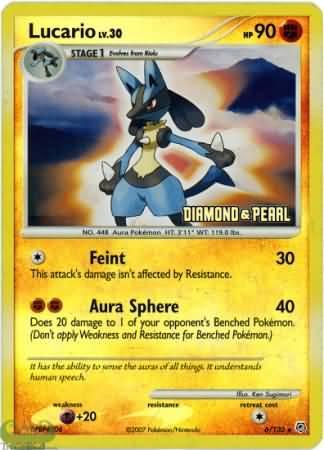 Image of a Pokémon card featuring Lucario, a Stage 1 fighting-type Pokémon with 90 HP. Displaying moves such as Feint (30 damage) and Aura Sphere (40 damage), this card is from the Burger King Promos: 2008 Collection by Pokémon, marked as number 6/130 and has a retreat cost of one energy.