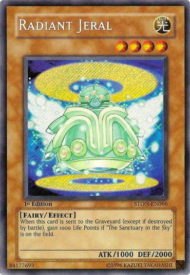 A Yu-Gi-Oh! trading card from Strike of Neos featuring Radiant Jeral [STON-EN066] Secret Rare. This light attribute Effect Monster showcases a green, ethereal angelic creature with glowing yellow wings surrounded by sparkling light. With 1000 attack points and 2000 defense points, this 1st edition card boosts life points when sent to the grave.