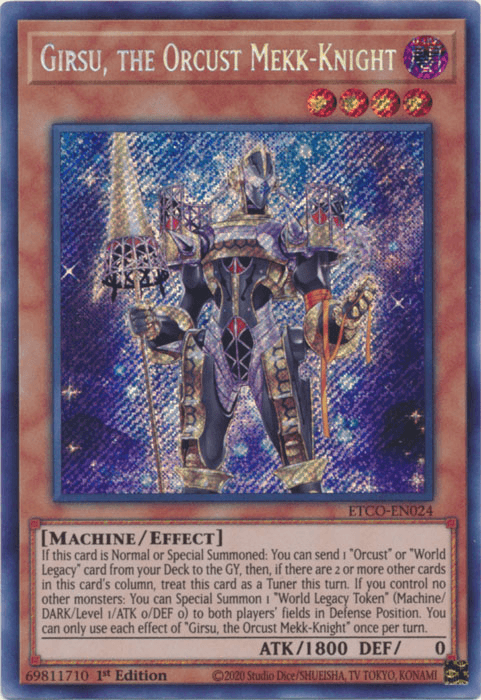 A Yu-Gi-Oh! trading card titled "Girsu, the Orcust Mekk-Knight [ETCO-EN024] Secret Rare." The card features an armored, humanoid figure with a mechanical appearance holding a spear and planet-like object. The detailed background includes various symbols and a grid-like pattern, with the card text outlining Girsu's effects.