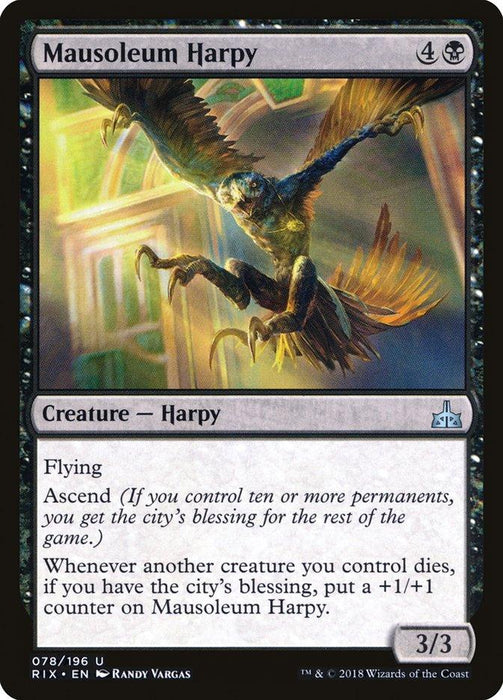 Image of a Magic: The Gathering card named "Mausoleum Harpy [Rivals of Ixalan]." The artwork depicts a large harpy with dark wings and glowing eyes soaring in a mausoleum setting. A Creature — Harpy from Rivals of Ixalan, it has flying, ascend, and gains +1/+1 counters when other controlled creatures die. Artwork by Randy Vargas.