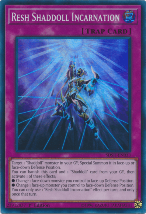 A Yu-Gi-Oh! trap card titled "Resh Shaddoll Incarnation [SDSH-EN033] Super Rare" from the *Super Rare* Shaddoll Showdown set. The illustration depicts a mystical armored warrior illuminated by radiant blue light, emitting energy beams. The card's text is bordered in pink and includes various gameplay instructions and effects.