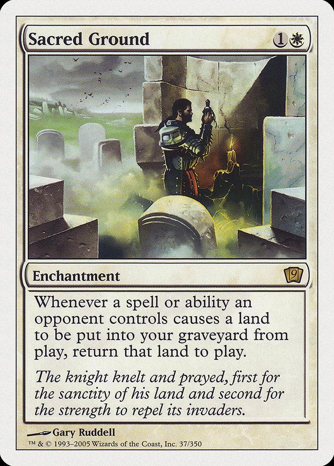 The "Sacred Ground [Ninth Edition]" card from Magic: The Gathering shows a kneeling knight by a crumbling altar on a graveyard battlefield, with rays of sunlight breaking through clouds. This rare enchantment costs 1 colorless and 1 white mana and features a protective ability.