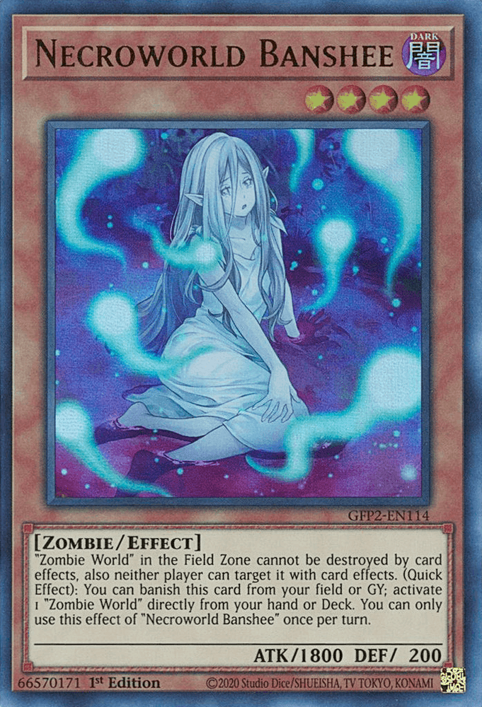 A Yu-Gi-Oh! trading card titled "Necroworld Banshee [GFP2-EN114] Ultra Rare," with an illustration of a ghostly, blue-haired girl surrounded by blue and white ethereal wisps. This Ultra Rare Effect Monster has Zombie/Effect type, 1800 ATK, and 200 DEF. Effects related to "Zombie World" are detailed in the description box.