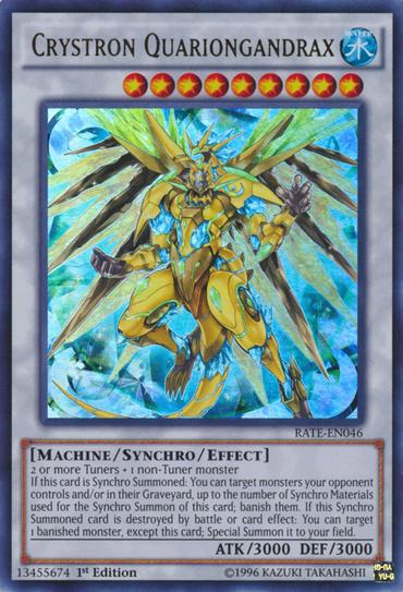 The Yu-Gi-Oh! Ultra Rare card "Crystron Quariongandrax [RATE-EN046]" features a colorful, dragon-like creature with blue and gold armor. It's a Synchro/Effect Monster with 3000 ATK/DEF, metallic silver borders detailing conditions and effects.