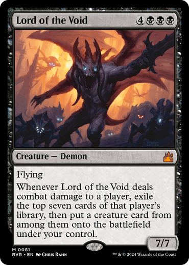 A Magic: The Gathering card from Ravnica Remastered titled "Lord of the Void [Ravnica Remastered]." This Creature — Demon features a menacing, shadowy demon with wings, surrounded by smaller dark entities. At 4 generic mana and 3 black mana, it boasts a power and toughness of 7/7 with Flying and exiles the top seven cards of a player's library upon dealing combat damage.