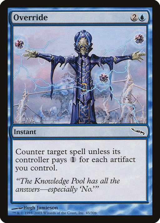 Magic: The Gathering card titled "Override [Mirrodin]" features a robed, electricity-wielding figure with outstretched arms in a snowy Mirrodin landscape. The instant card has a blue border and text: "Counter target spell unless its controller pays 1 for each artifact you control." Art by Hugh Jamieson.