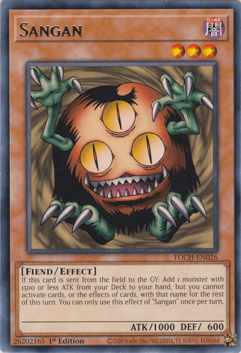 A Yu-Gi-Oh! card named "Sangan [TOCH-EN026] Rare," featured in the Toon Chaos set, with a dark attribute and a fiend/effect type. This Effect Monster has three orange, pupil-less eyes, sharp teeth, and clawed hands. With 1000 ATK and 600 DEF, Sangan's ability lets you add a low ATK monster from your deck to your hand.