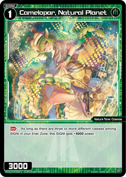 A TOMY fantasy-themed trading card featuring "Camelopar, Natural Planet (October 2022) (WXDi-P107) [Promo Cards]" with 3000 power. The SIGNI card shows a whimsical character with green hair, wearing a nature-inspired outfit adorned with leaves, flowers, and ribbons, floating amid butterflies and glowing flora. Gaming stats and text are at the bottom.