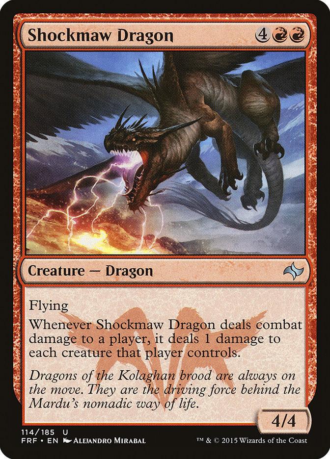 The "Shockmaw Dragon" card from the Magic: The Gathering set, Fate Reforged, portrays a powerful red dragon creature with a mana cost of 4 generic and 2 red. The illustration shows the dragon in an intimidating pose with its wings spread wide, emitting sparks. Its card text emphasizes its flying abilities and damaging effects, playing a crucial role for the Kolaghan brood.