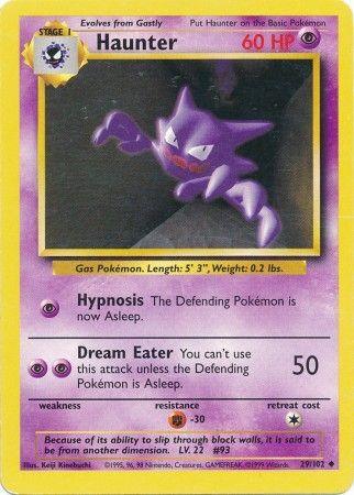 A Pokémon Haunter (29/102) [Base Set Unlimited] card from the Base Set Unlimited featuring Haunter, a ghost-type Psychic Pokémon. Haunter is depicted floating with a mischievous smile and large, sharp claws. The 60 HP card includes attacks "Hypnosis" and "Dream Eater." The background is yellow and purple, with card details and weaknesses at the bottom.