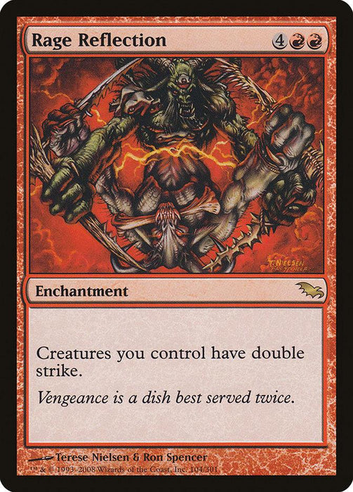 A Magic: The Gathering card titled "Rage Reflection [Shadowmoor]" from the brand Magic: The Gathering features a demonic figure with multiple arms and fangs. This rare enchantment, bordered in red, costs 4 colorless and 2 red mana. It grants "Creatures you control have double strike." The flavor text reads: "Vengeance is a dish best served twice.