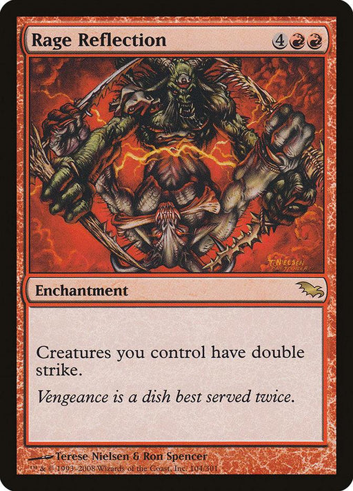 A Magic: The Gathering card titled "Rage Reflection [Shadowmoor]" from the brand Magic: The Gathering features a demonic figure with multiple arms and fangs. This rare enchantment, bordered in red, costs 4 colorless and 2 red mana. It grants "Creatures you control have double strike." The flavor text reads: "Vengeance is a dish best served twice.