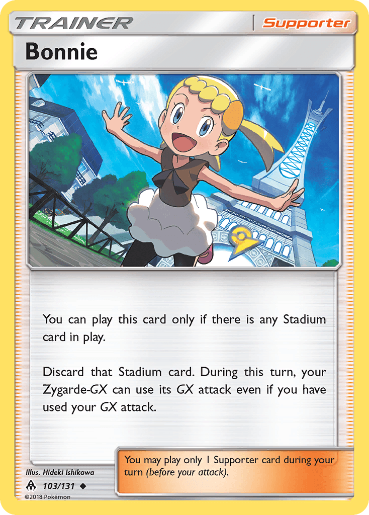 A Pokémon card from Sun & Moon: Forbidden Light featuring Bonnie, a young girl with blonde hair and a black and white outfit, raising her arm excitedly. The Uncommon Trainer Supporter card has a beige-yellow border and white background. Bonnie stands before a scenic landscape with a large tower, detailing effects for Zygarde-GX's attack and Stadium cards. The card is titled 