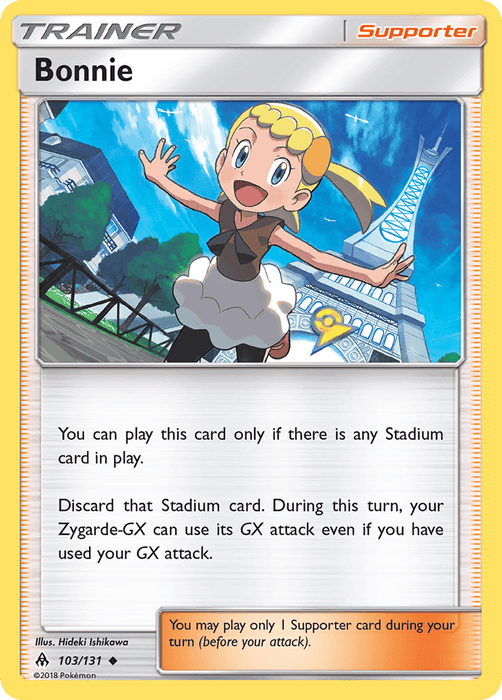 A Pokémon card from Sun & Moon: Forbidden Light featuring Bonnie, a young girl with blonde hair and a black and white outfit, raising her arm excitedly. The Uncommon Trainer Supporter card has a beige-yellow border and white background. Bonnie stands before a scenic landscape with a large tower, detailing effects for Zygarde-GX's attack and Stadium cards. The card is titled "Bonnie (103/131) [Sun & Moon: Forbidden Light]" from the Pokémon brand.