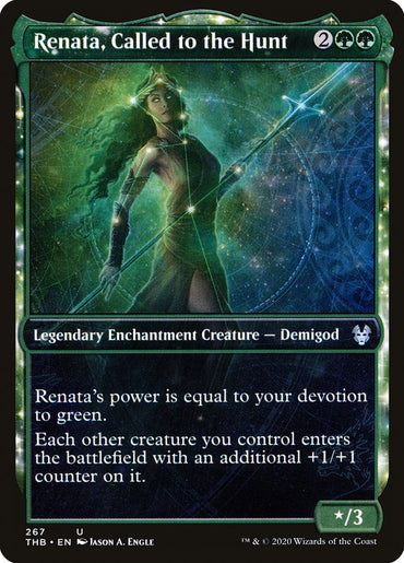 Renata, Called to the Hunt (Showcase)" from Magic: The Gathering's "Theros Beyond Death" is a Legendary Enchantment Creature illustrated by Jason A. Engle. This green demigod has a mana cost of 2 green and 2 colorless, with power/toughness scaling with devotion to Green.