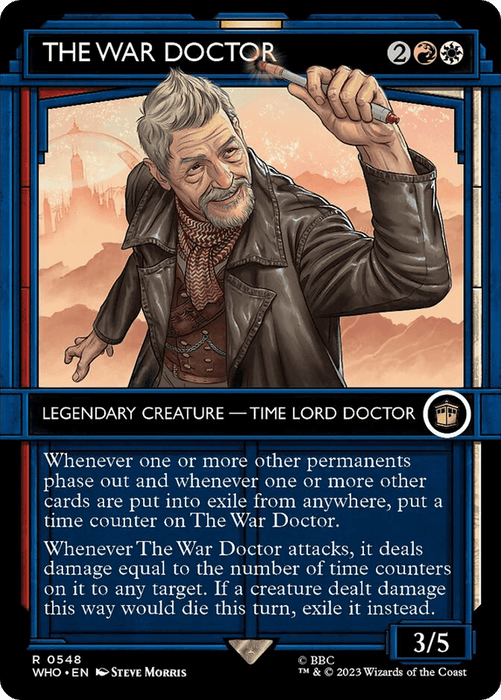 A Magic: The Gathering card titled "The War Doctor (Showcase) [Doctor Who]," a Legendary Creature and Time Lord Doctor. He has a stern expression, donning a brown leather jacket. His right hand points forward while his left rests on his hip. The card details his abilities and shows his power and toughness as 3/5.