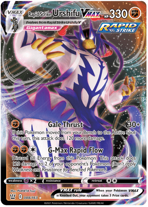 A Pokémon Rapid Strike Urshifu VMAX (088/163) (Jumbo Card) [Sword & Shield: Battle Styles] features Rapid Strike Urshifu VMAX, a Gigantamax form, with 330 HP. The Ultra Rare card art displays Urshifu in a powerful stance surrounded by colorful cosmic energy. It has two moves: Gale Thrust and G-Max Rapid Flow. Set information and various stats are seen at the bottom.
