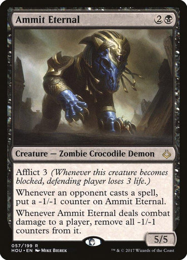 A Magic: The Gathering card titled "Ammit Eternal [Hour of Devastation]," illustrated by Mike Bierek. With a black border, it depicts a Zombie Crocodile Demon and features an afflict ability. This rare card has both toughness and power of 5 and is number 057 out of the Hour of Devastation set, totaling 199 cards.