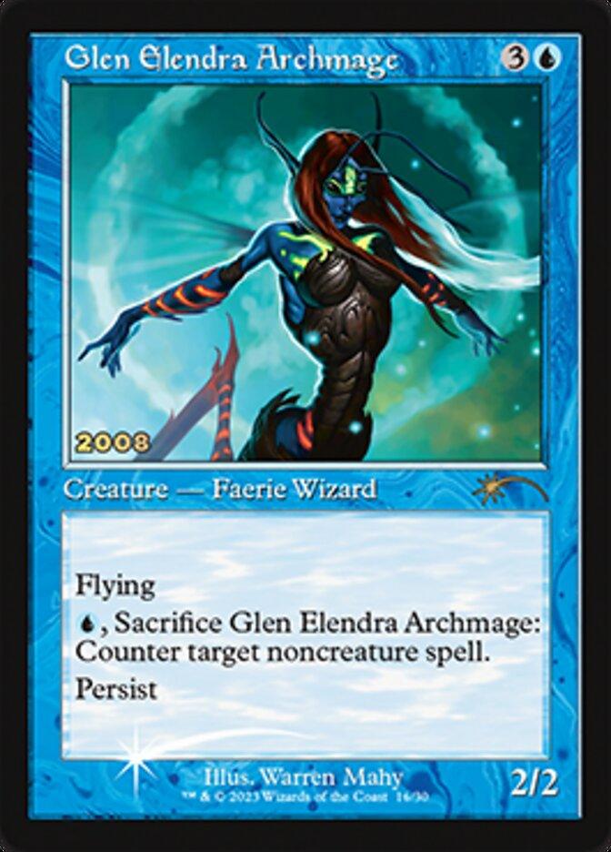 A Magic: The Gathering card titled "Glen Elendra Archmage [30th Anniversary Promos]." This Rare card has a blue border and costs 3 colorless and 1 blue mana. It depicts a winged, blue-skinned faerie wizard with vibrant hair. The Creature — Faerie Wizard features flying, a counter ability, and the persist mechanic. It has 2 attack and 2 health.