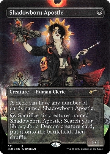 The "Shadowborn Apostle" from the Secret Lair Drop Promos—part of Magic: The Gathering—features a Human Cleric in striking dark attire, wielding a dagger against an arcane backdrop. This card has distinct abilities related to summoning formidable Demon creatures, with game mechanics detailed in the text box and a power/toughness of 1/1.