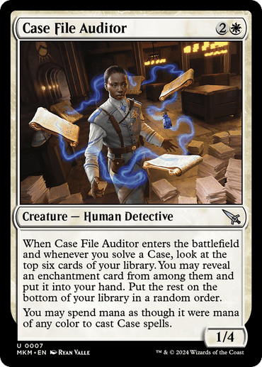 The "Case File Auditor" card from Magic: The Gathering's "Murders at Karlov Manor" depicts a Human Detective in a formal suit with levitating documents featuring glowing blue symbols, all detailed on a card with a neutral border.