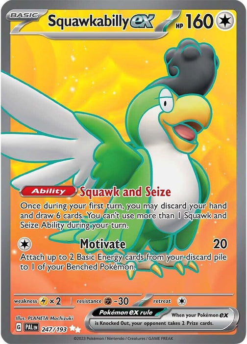 A Pokémon card depicting Squawkabilly ex (247/193) [Scarlet & Violet: Paldea Evolved] with 160 HP. The illustration shows a green and white bird-like Pokémon. This Ultra Rare card features two attacks: "Squawk and Seize" and "Motivate", and is designed by PLANETA Mochizuki.