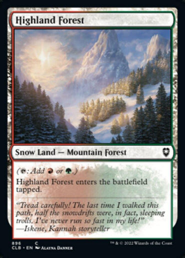 Highland Forest [Commander Legends: Battle for Baldur's Gate] is a Snow Land from Magic: The Gathering. This Mountain Forest generates red or green mana but enters the battlefield tapped. The card showcases a snow-covered forest with a mountainous backdrop at sunrise and includes an evocative quote at the bottom.